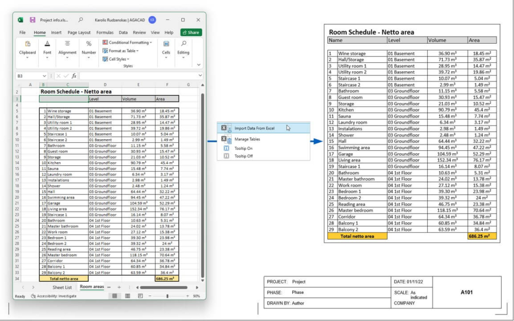 Import Excel spreadsheets into Revit as tables that stay connected to the data in Excel