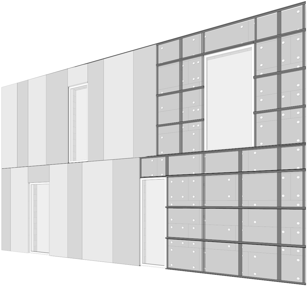 A metal framed wall is here composed of ventilated facade panels.
