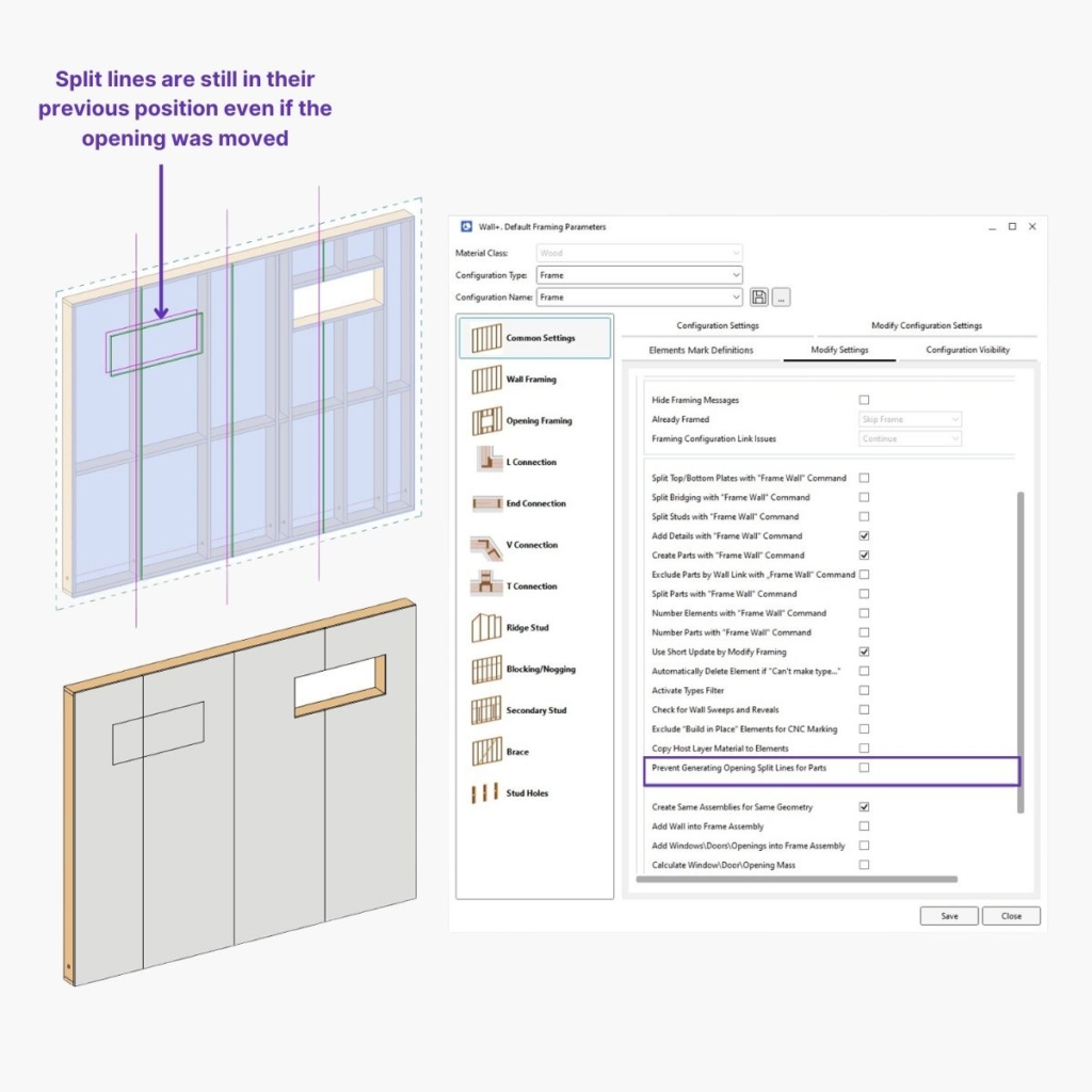 Split lines are still in their previous position even if the opening was moved in Wood and Metal framing add-ins for Revit