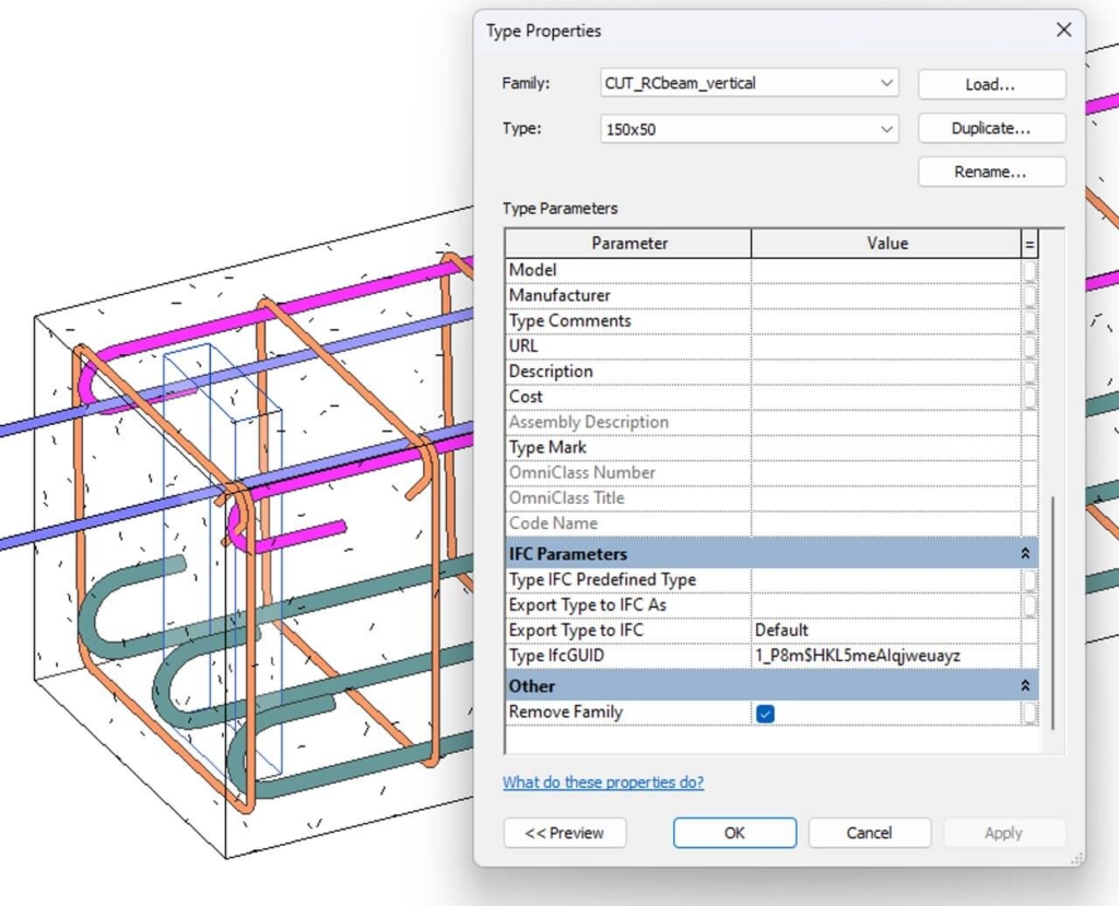 Structural connection family type has to be marked as remove family in order to use the new exclude inserts feature.