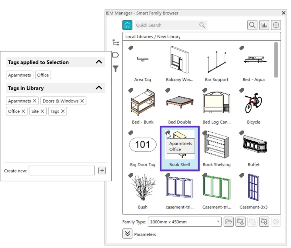 Just hover over an element in your Revit library to see its tags.