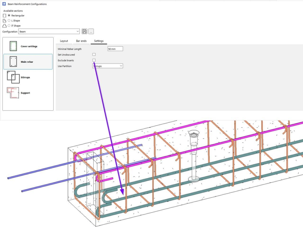 Exclude inserts feature is unticked – so connections and voids will be accounted for when placing rebar.