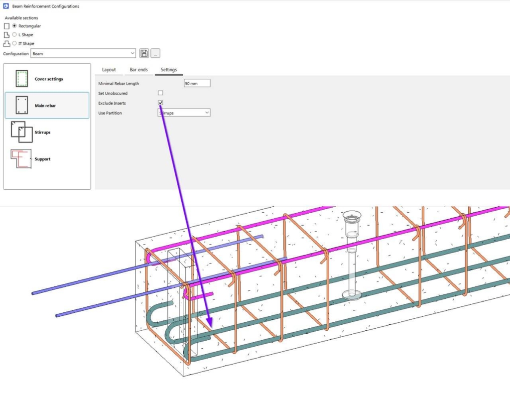Exclude inserts feature is ticked – so connections and voids will be ignored when placing rebar.