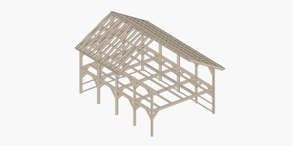 A heavy timber cabin structure modeled in Revit.
